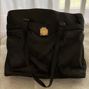 Tommy Hilfiger Black Leather Large Tote with Gold Logo Accent